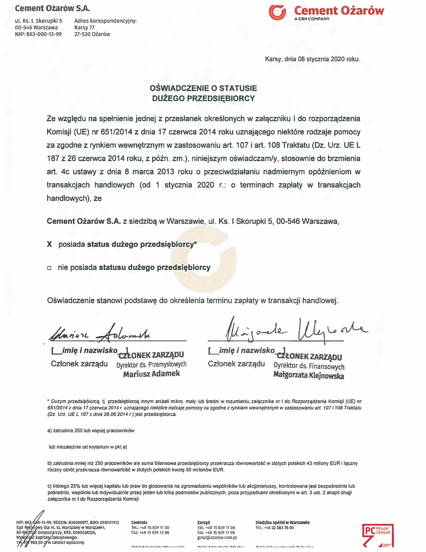 Oświadczenie dużego przedsiębiorcy